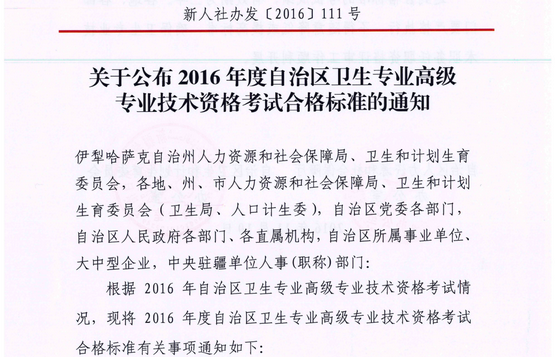 新疆2016年衛(wèi)生高級資格考試合格標準