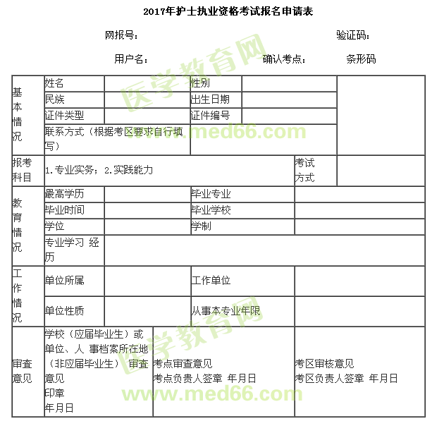 2017年護(hù)士考試報名申請表