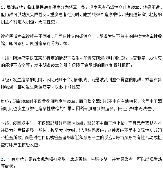 臨床上陰道痙攣的主要癥狀有哪些？