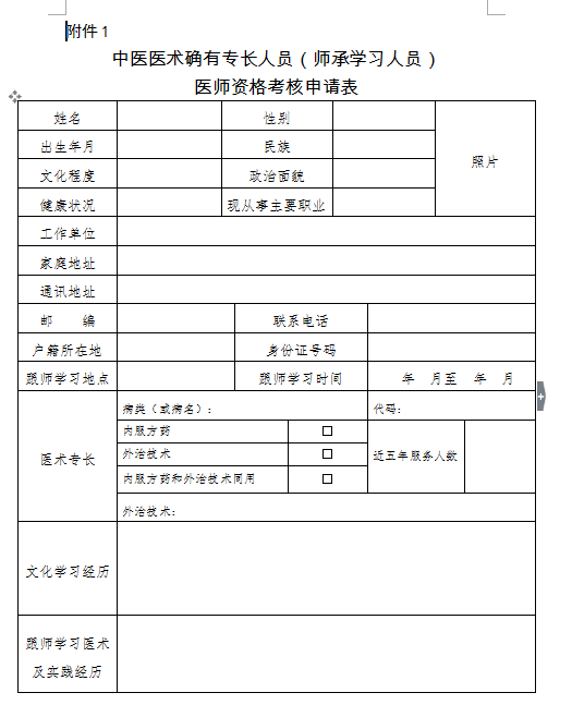 2018年中醫(yī)醫(yī)術(shù)確有專長(zhǎng)人員（師承學(xué)習(xí)人員）醫(yī)師資格考核申請(qǐng)表