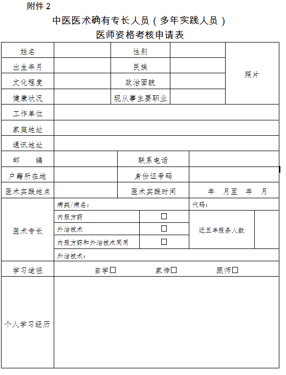 2018中醫(yī)醫(yī)術(shù)確有專長人員（多年實(shí)踐人員）醫(yī)師資格考核申請(qǐng)表下載