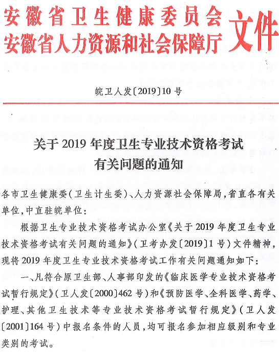 安徽省2019年衛(wèi)生專業(yè)技術資格考試有關通知