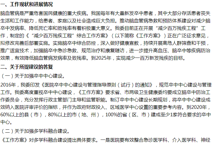 國家關于進一步加強醫(yī)院腦卒中急救綠色通道建設的建議答復