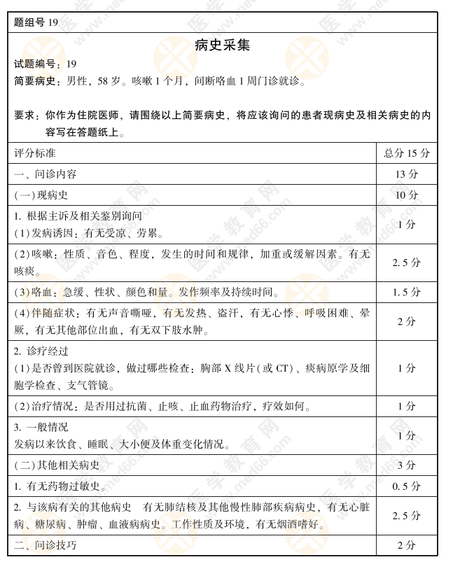 全國2021年臨床執(zhí)業(yè)醫(yī)師實(shí)踐技能評分手冊：病史采集和病例19題